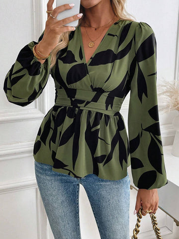 Privé V-Neck Long Sleeve Pleated All-Over Print Shirt, Casual Wear