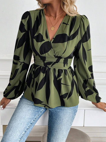 Privé V-Neck Long Sleeve Pleated All-Over Print Shirt, Casual Wear