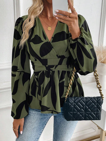 Privé V-Neck Long Sleeve Pleated All-Over Print Shirt, Casual Wear