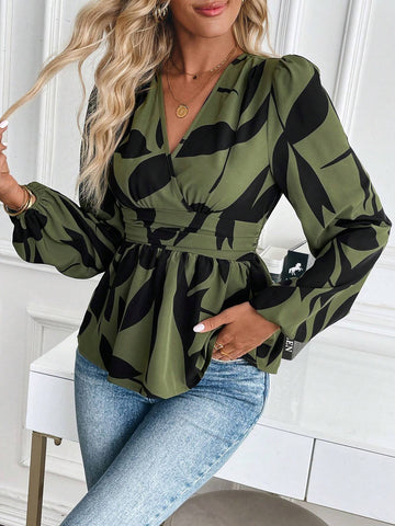 Privé V-Neck Long Sleeve Pleated All-Over Print Shirt, Casual Wear