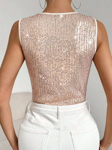 V-Neck Plunge Wrap Front Sleeveless Glitter Bodysuit