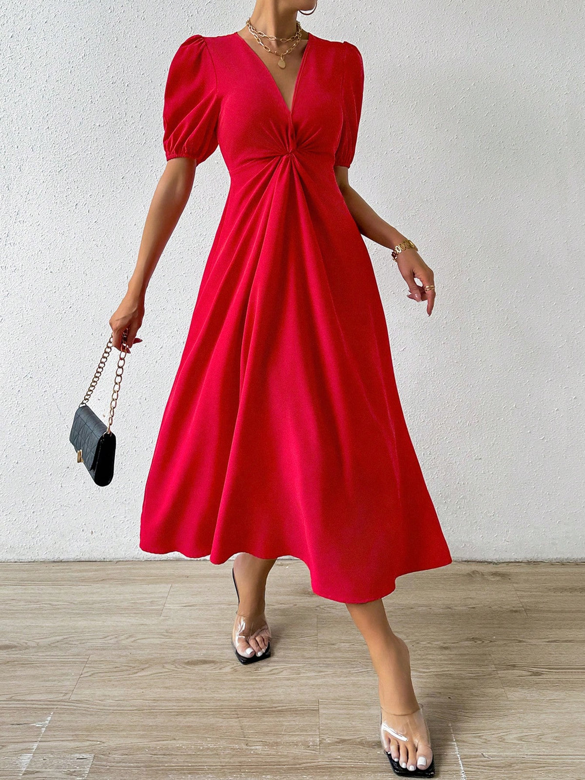 V-Neck Puff Sleeve Twist Dress