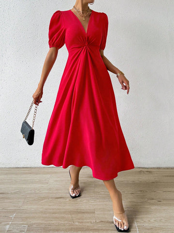 V-Neck Puff Sleeve Twist Dress