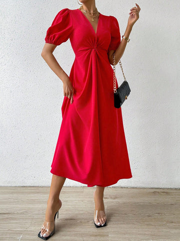V-Neck Puff Sleeve Twist Dress