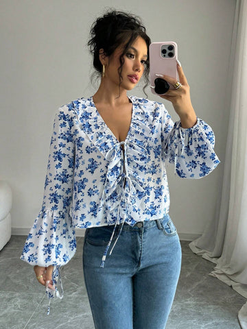 Privé V-Neck Ruffled Twist Floral Print Casual Resort Long Sleeve Blouse