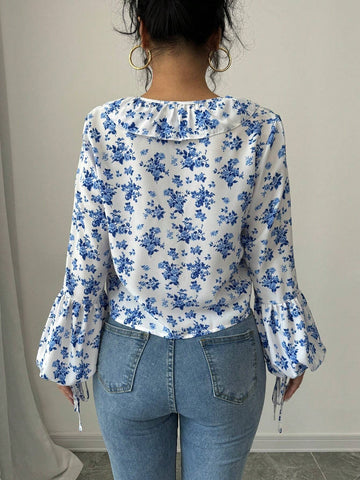 Privé V-Neck Ruffled Twist Floral Print Casual Resort Long Sleeve Blouse