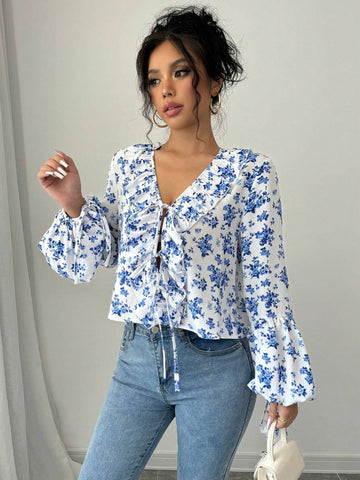 Privé V-Neck Ruffled Twist Floral Print Casual Resort Long Sleeve Blouse