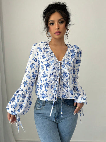 Privé V-Neck Ruffled Twist Floral Print Casual Resort Long Sleeve Blouse