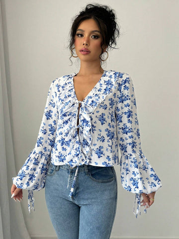 Privé V-Neck Ruffled Twist Floral Print Casual Resort Long Sleeve Blouse