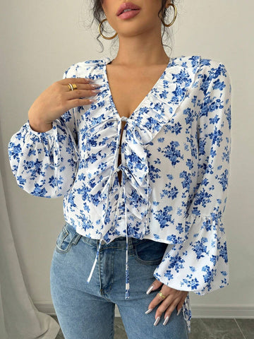 Privé V-Neck Ruffled Twist Floral Print Casual Resort Long Sleeve Blouse