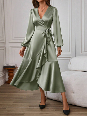 V-Neck Tie Waist Ruffle Trim Satin Solid Color Elegant Dress