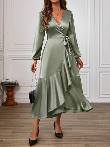 V-Neck Tie Waist Ruffle Trim Satin Solid Color Elegant Dress