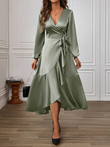 V-Neck Tie Waist Ruffle Trim Satin Solid Color Elegant Dress