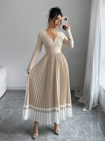 V-Neck Waist Pleated Patchwork A-Line Elegant Retro Dress, For Daily Wear