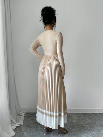V-Neck Waist Pleated Patchwork A-Line Elegant Retro Dress, For Daily Wear