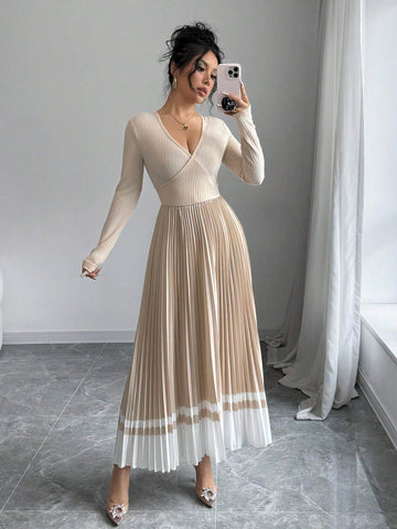 V-Neck Waist Pleated Patchwork A-Line Elegant Retro Dress, For Daily Wear