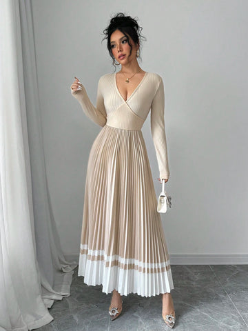 V-Neck Waist Pleated Patchwork A-Line Elegant Retro Dress, For Daily Wear
