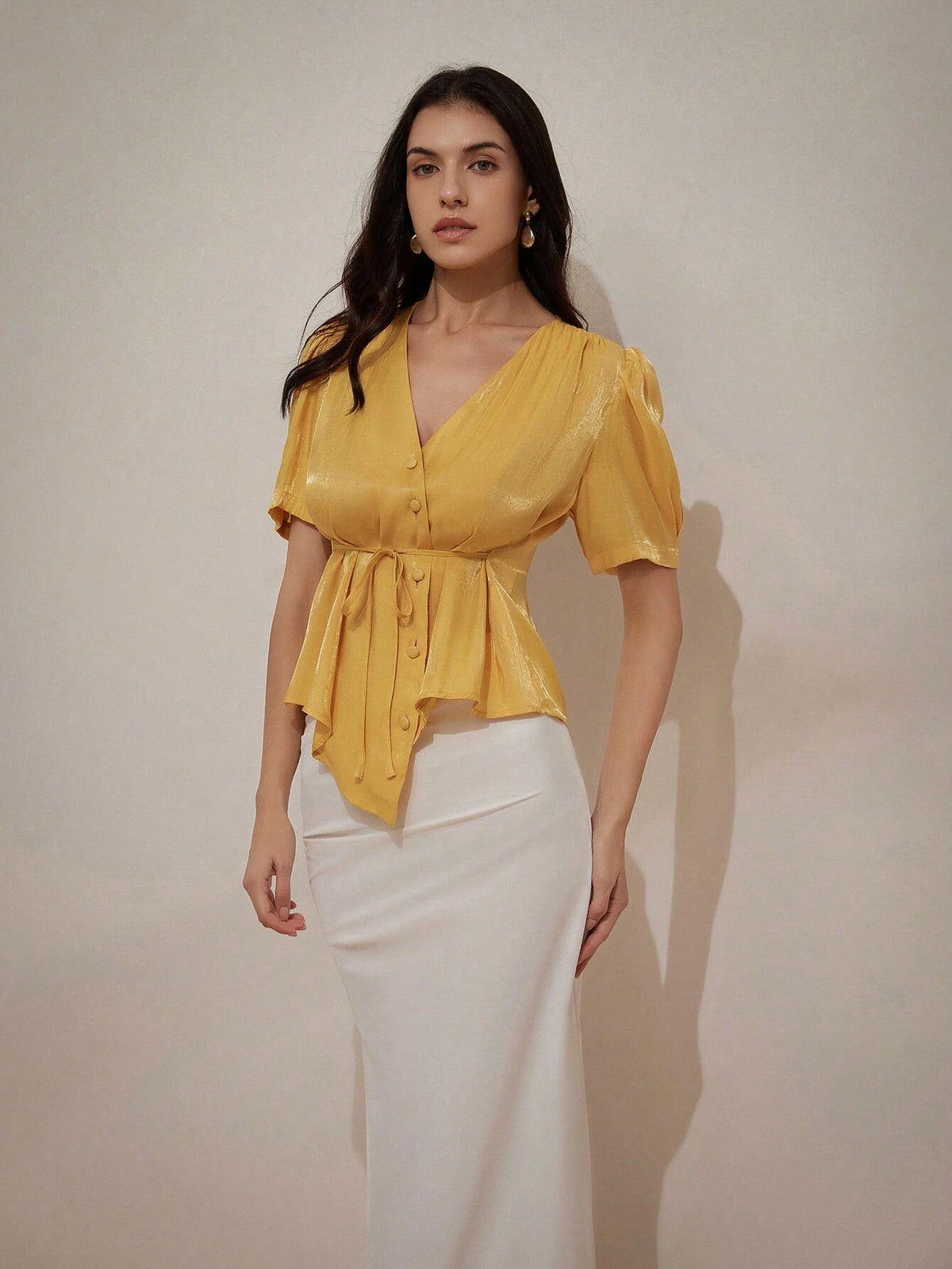 Privé V-Neck Wrap Style Linen Shirt With Waist Belt And Metallic Luster, Women's Interesting Shirt