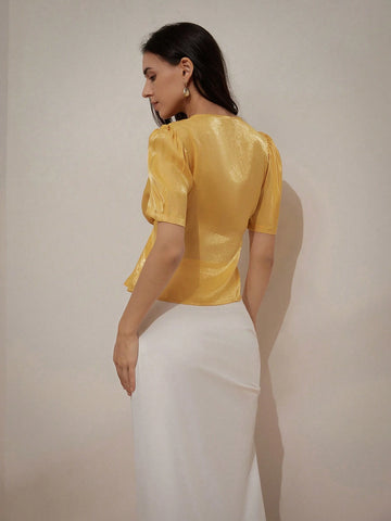 Privé V-Neck Wrap Style Linen Shirt With Waist Belt And Metallic Luster, Women's Interesting Shirt