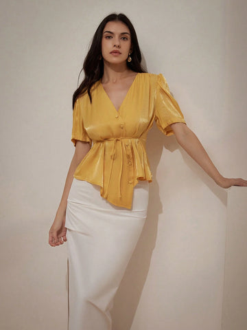 Privé V-Neck Wrap Style Linen Shirt With Waist Belt And Metallic Luster, Women's Interesting Shirt