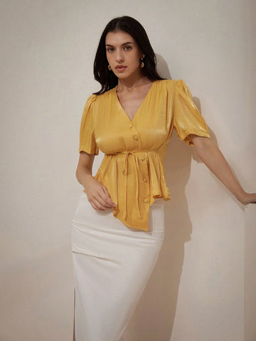 Privé V-Neck Wrap Style Linen Shirt With Waist Belt And Metallic Luster, Women's Interesting Shirt