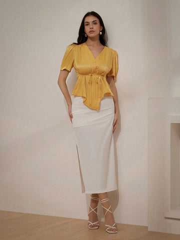 Privé V-Neck Wrap Style Linen Shirt With Waist Belt And Metallic Luster, Women's Interesting Shirt