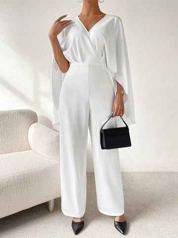 V-neck Batwing Sleeve Waist Belt Jumpsuit