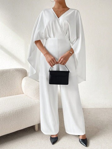 V-neck Batwing Sleeve Waist Belt Jumpsuit