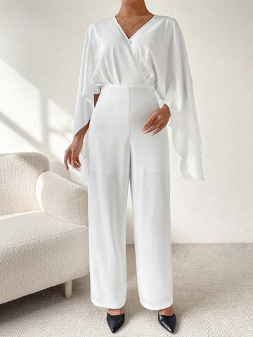 V-neck Batwing Sleeve Waist Belt Jumpsuit