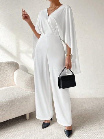 V-neck Batwing Sleeve Waist Belt Jumpsuit