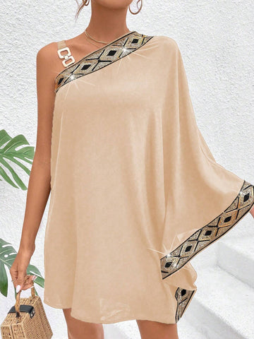 Vacation Style Asymmetric Neckline Batwing Sleeve Dress With Sequin Woven Trim