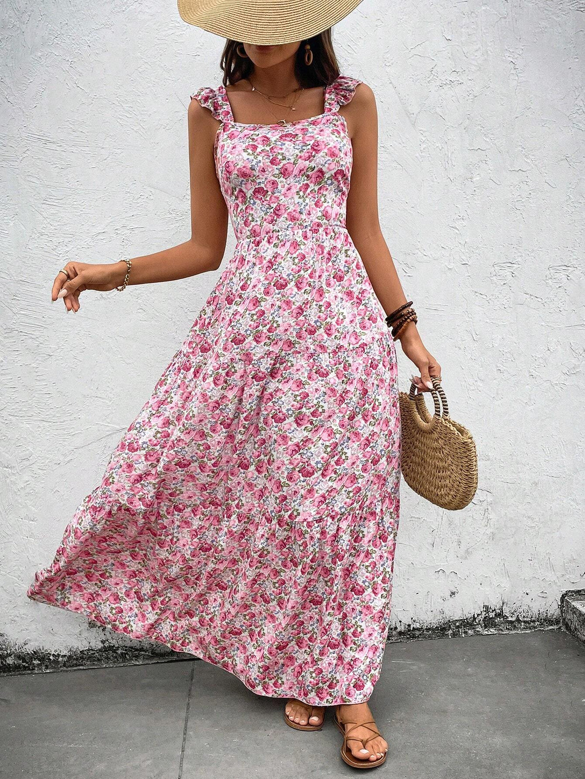 Vacation & Leisure V Neck Cap Sleeve Floral Dress