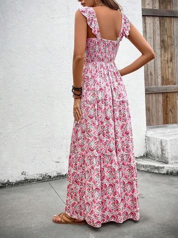 Vacation & Leisure V Neck Cap Sleeve Floral Dress