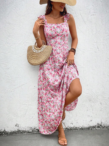 Vacation & Leisure V Neck Cap Sleeve Floral Dress