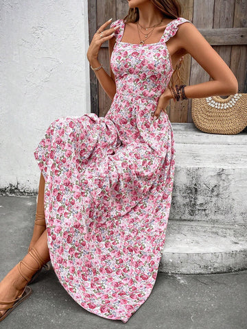 Vacation & Leisure V Neck Cap Sleeve Floral Dress