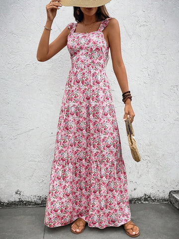Vacation & Leisure V Neck Cap Sleeve Floral Dress
