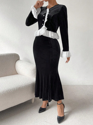 Valentine's Day Color Block Layered Ruffle Detail Velvet Top With High Waisted Mermaid Skirt Set