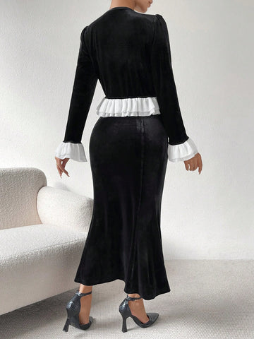 Valentine's Day Color Block Layered Ruffle Detail Velvet Top With High Waisted Mermaid Skirt Set