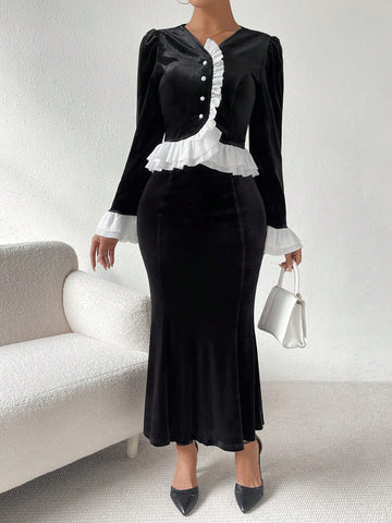 Valentine's Day Color Block Layered Ruffle Detail Velvet Top With High Waisted Mermaid Skirt Set