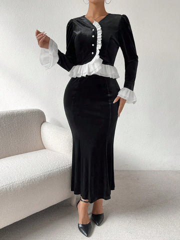 Valentine's Day Color Block Layered Ruffle Detail Velvet Top With High Waisted Mermaid Skirt Set