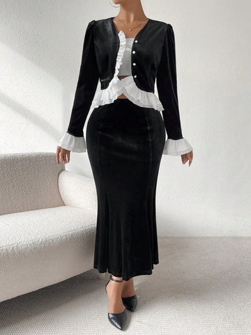 Valentine's Day Color Block Layered Ruffle Detail Velvet Top With High Waisted Mermaid Skirt Set
