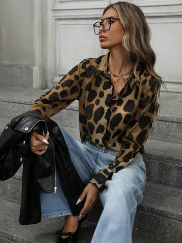 Privé Versatile Casual Vintage Random Leopard Print Turndown Collar Button-Front Long Sleeve Shirt