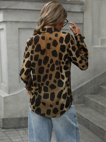 Privé Versatile Casual Vintage Random Leopard Print Turndown Collar Button-Front Long Sleeve Shirt