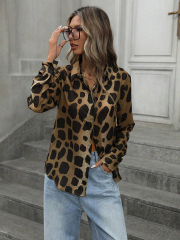 Privé Versatile Casual Vintage Random Leopard Print Turndown Collar Button-Front Long Sleeve Shirt