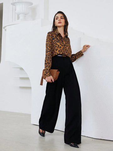 Privé Vintage-Style Casual Leopard Print Stand Collar Long Sleeve Blouse For Women, Autumn