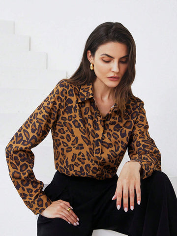 Privé Vintage-Style Casual Leopard Print Stand Collar Long Sleeve Blouse For Women, Autumn