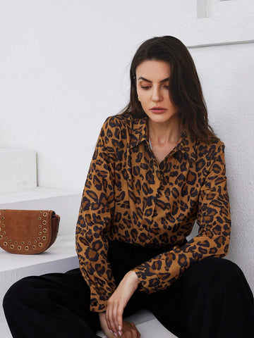 Privé Vintage-Style Casual Leopard Print Stand Collar Long Sleeve Blouse For Women, Autumn