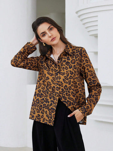 Privé Vintage-Style Casual Leopard Print Stand Collar Long Sleeve Blouse For Women, Autumn