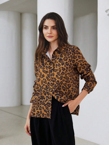 Privé Vintage-Style Casual Leopard Print Stand Collar Long Sleeve Blouse For Women, Autumn