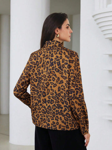 Privé Vintage-Style Casual Leopard Print Stand Collar Long Sleeve Blouse For Women, Autumn